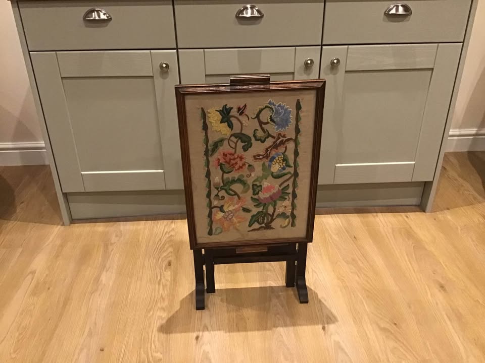 Vintage 1920&rsquo;s oak tapestry fire screen/side table picture