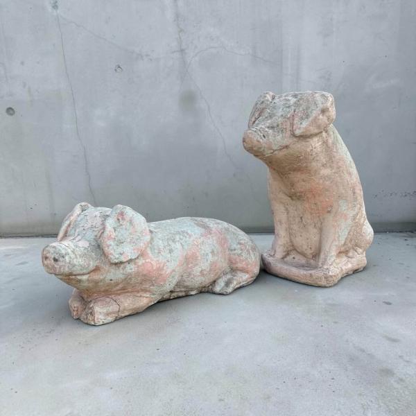 Pair of Cast Stone Pig Garden Statues - Circa 1940s&ndash;1950s