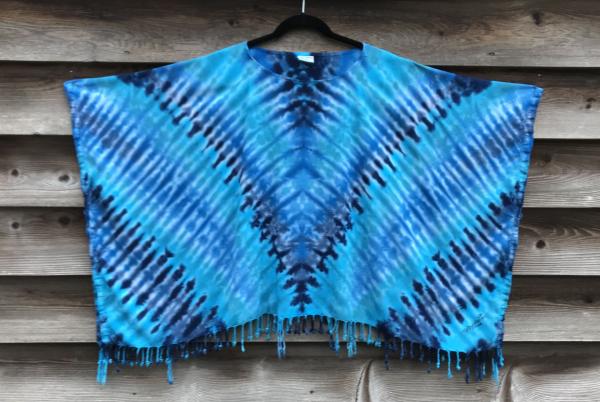 Multi-Blue Zipper Rayon Fringed Poncho picture