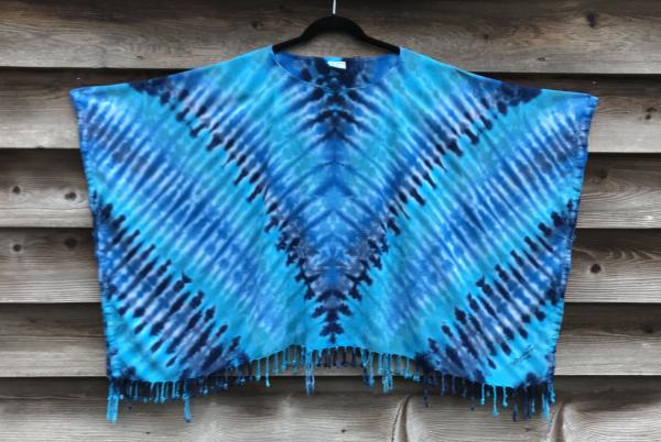 Multi-Blue Zipper Rayon Fringed Poncho