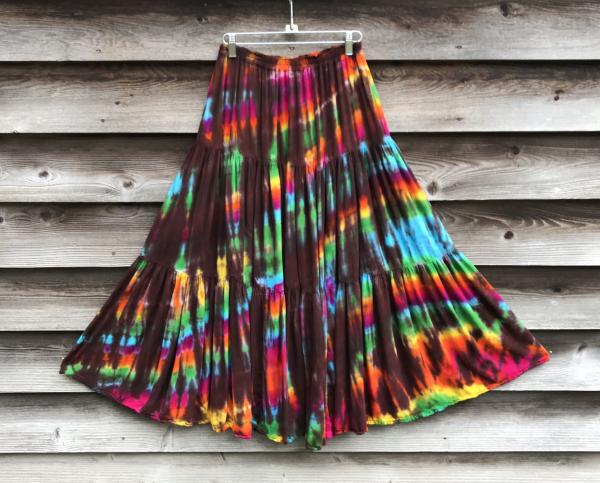 SIZE SMALL Rainbow And Brown Strata Light Rayon Gypsy Skirt picture