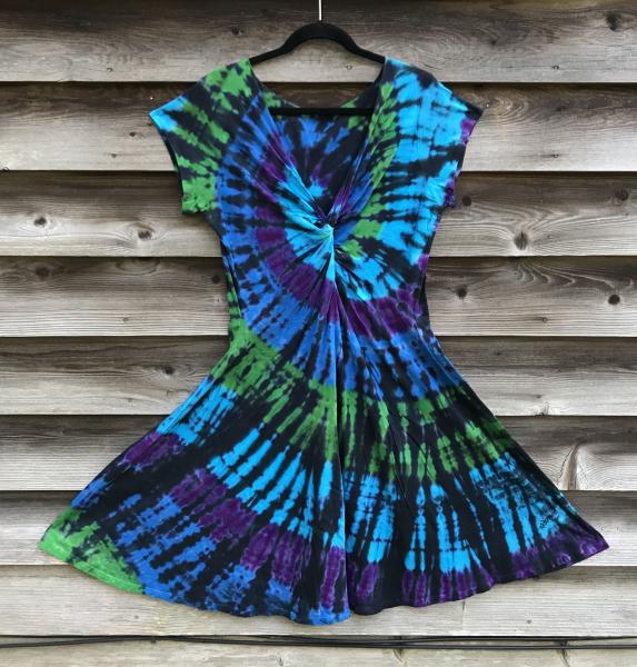 SIZE XL Blues and Black Spiral Twisted Front Dress