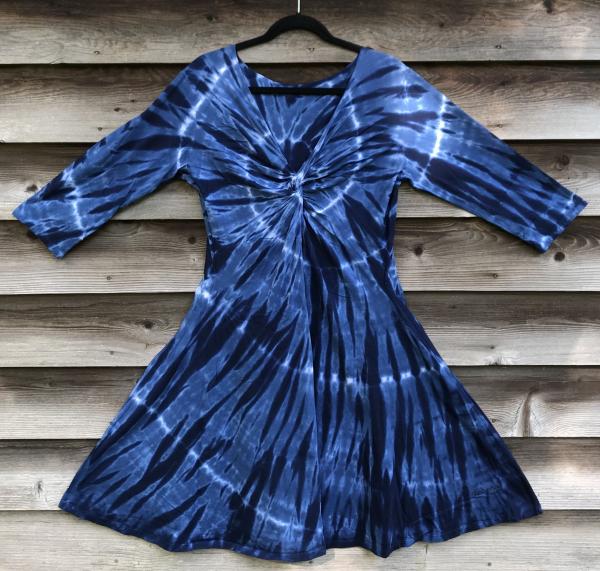 SIZE XL 2-Tone Indigo Spiral Twisted Front 3/4 Sleeve Dress picture