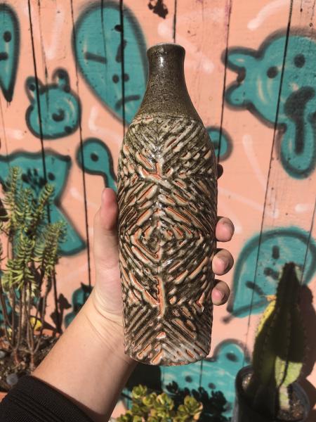 Tall Carved Ceramic Green Bud Vase picture