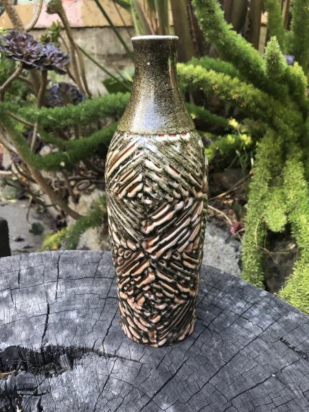 Tall Carved Ceramic Green Bud Vase