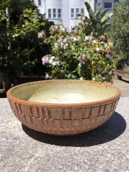 Carved Brown & Yellow Serving Bowl picture