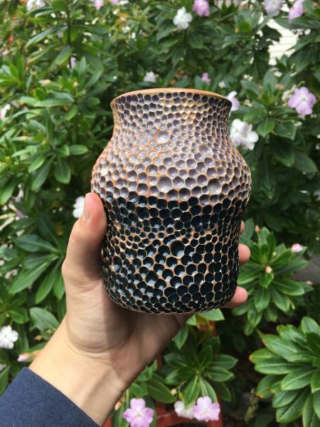Decorative Purple Ceramic Vase with Carved Craters