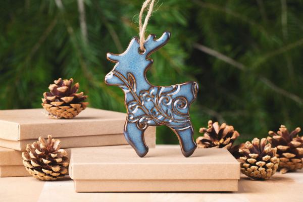 Deer Ornament with Gift Box and Gift Tag, Christmas Ornament, Pottery Ornament, Ceramic Ornament, Handcrafted Ornament picture