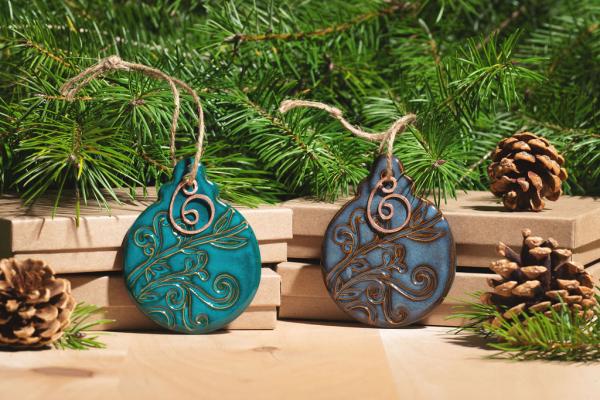 Ball Ornament with Gift Box and Gift Tag, Christmas Ornament, Pottery Ornament, Ceramic Ornament, Handcrafted Ornament picture