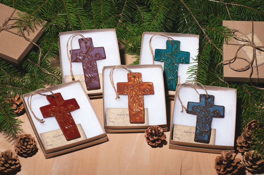 Cross Ornament with Gift Box and Gift Tag, Christmas Ornament, Pottery Ornament, Ceramic Ornament, Handcrafted Ornament picture