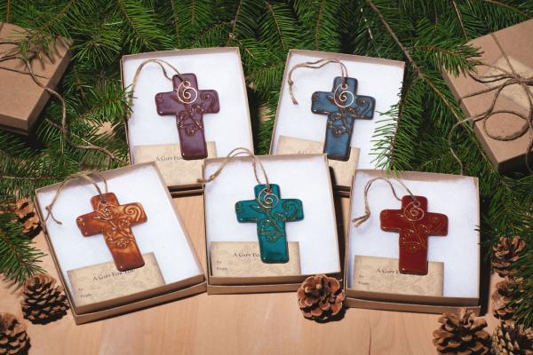 Cross Ornament with Gift Box and Gift Tag, Christmas Ornament, Pottery Ornament, Ceramic Ornament, Handcrafted Ornament picture