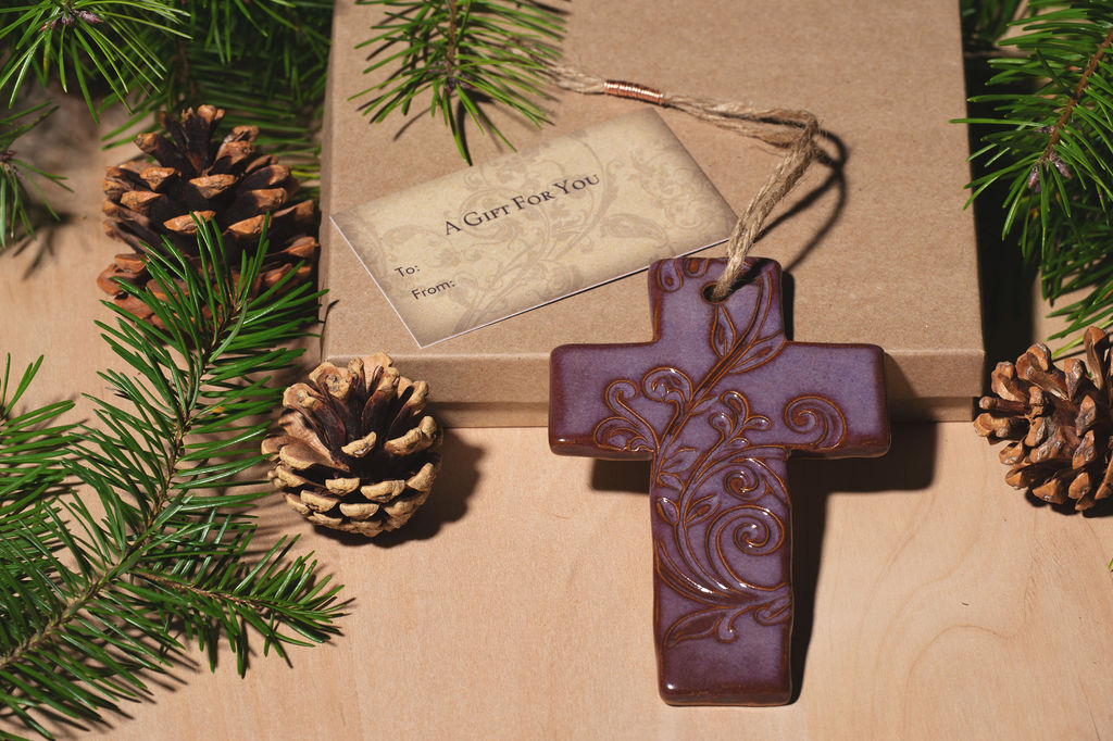 Cross Ornament with Gift Box and Gift Tag, Christmas Ornament, Pottery Ornament, Ceramic Ornament, Handcrafted Ornament picture
