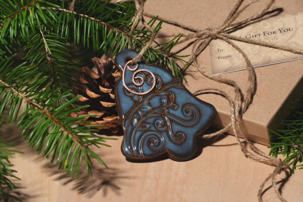 Bell Ornament with Gift Box and Gift Tag, Christmas Ornament, Pottery Ornament, Ceramic Ornament, Handcrafted Ornament picture