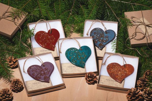 Heart Ornament with Gift Box and Gift Tag, Christmas Ornament, Pottery Ornament, Ceramic Ornament, Handcrafted Ornament picture