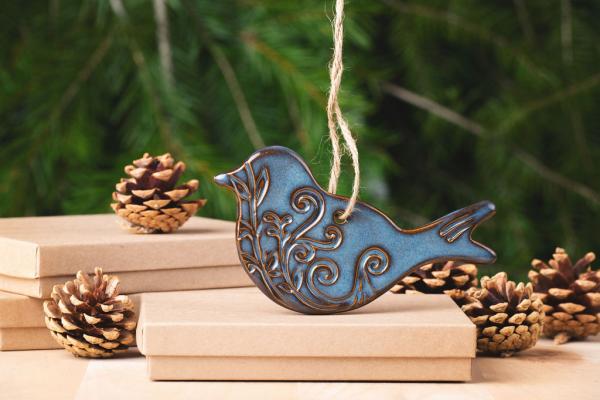 Bird Ornament with Gift Box and Gift Tag, Christmas Ornament, Pottery Ornament, Ceramic Ornament, Handcrafted Ornament picture