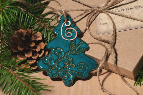 Tree Ornament with Gift Box and Gift Tag, Christmas Ornament, Pottery Ornament, Ceramic Ornament, Handcrafted Ornament picture