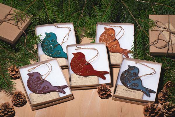 Bird Ornament with Gift Box and Gift Tag, Christmas Ornament, Pottery Ornament, Ceramic Ornament, Handcrafted Ornament picture