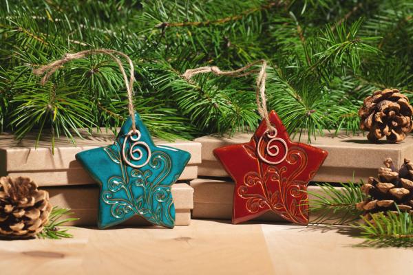 Star Ornament with Gift Box and Gift Tag, Christmas Ornament, Pottery Ornament, Ceramic Ornament, Handcrafted Ornament picture