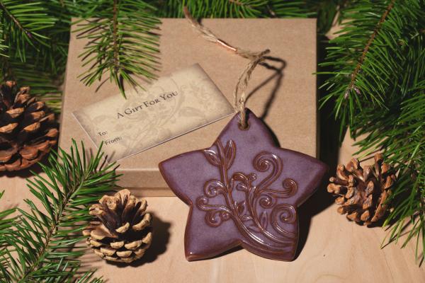 Star Ornament with Gift Box and Gift Tag, Christmas Ornament, Pottery Ornament, Ceramic Ornament, Handcrafted Ornament picture