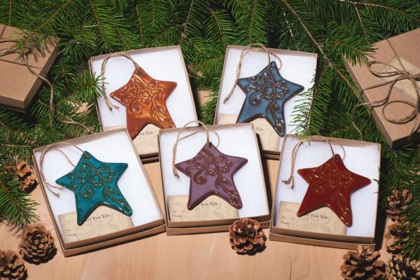 Wonky Star Ornament with Gift Box and Gift Tag, Christmas Ornament, Pottery Ornament, Ceramic Ornament, Handcrafted Ornament picture