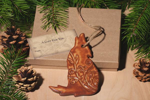 Wolf Ornament with Gift Box and Gift Tag, Christmas Ornament, Pottery Ornament, Ceramic Ornament, Handcrafted Ornament picture
