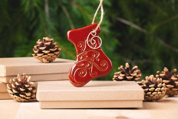 Stocking Ornament with Gift Box and Gift Tag, Christmas Ornament, Pottery Ornament, Ceramic Ornament, Handcrafted Ornament