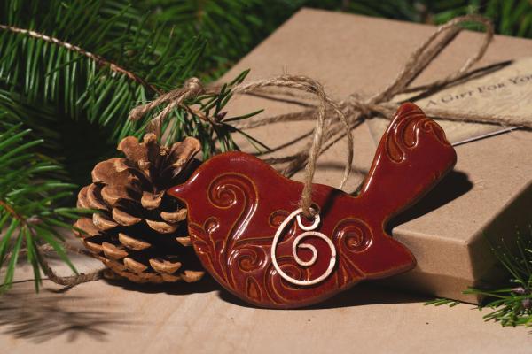 Bird Ornament with Gift Box and Gift Tag, Christmas Ornament, Pottery Ornament, Ceramic Ornament, Handcrafted Ornament picture