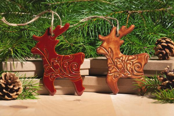 Deer Ornament with Gift Box and Gift Tag, Christmas Ornament, Pottery Ornament, Ceramic Ornament, Handcrafted Ornament picture