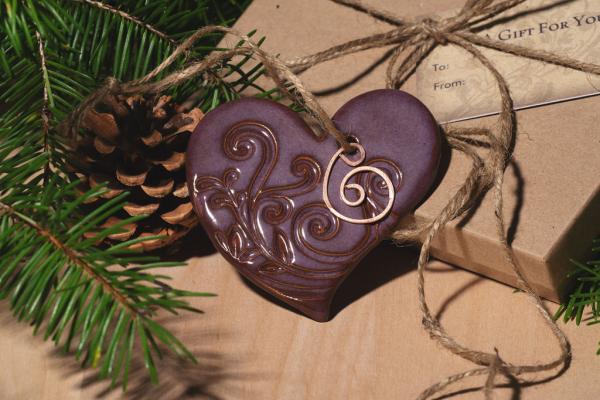 Heart Ornament with Gift Box and Gift Tag, Christmas Ornament, Pottery Ornament, Ceramic Ornament, Handcrafted Ornament picture