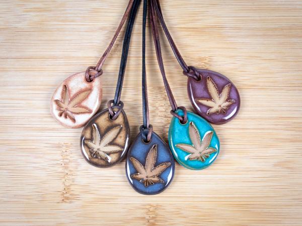 Pot Leaf Pendant with Gift Box and Gift Tag, Pottery Pendant, Diffuser Pendant, Bohemian Necklace, Ceramic Jewelry picture