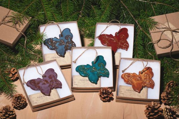 Butterfly Ornament with Gift Box and Gift Tag, Christmas Ornament, Pottery Ornament, Ceramic Ornament, Handcrafted Ornament picture