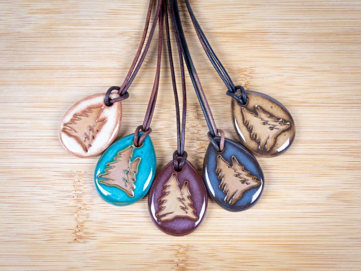Pines Pendant with Gift Box and Gift Tag, Pottery Pendant, Diffuser Pendant, Bohemian Necklace, Ceramic Jewelry picture