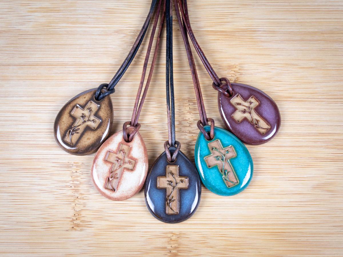 Cross Pendant with Gift Box and Gift Tag, Pottery Pendant, Diffuser Pendant, Bohemian Necklace, Ceramic Jewelry picture