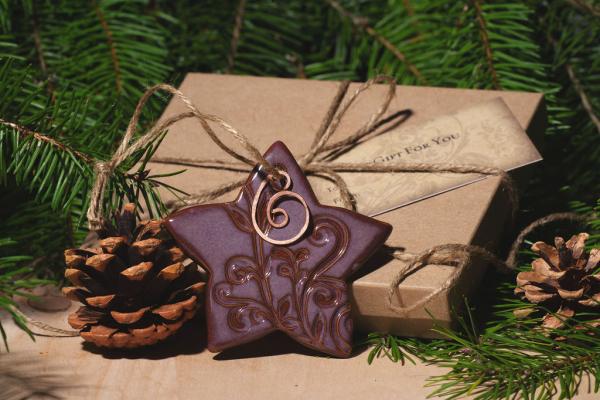 Star Ornament with Gift Box and Gift Tag, Christmas Ornament, Pottery Ornament, Ceramic Ornament, Handcrafted Ornament picture