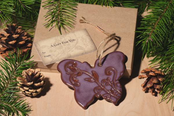 Butterfly Ornament with Gift Box and Gift Tag, Christmas Ornament, Pottery Ornament, Ceramic Ornament, Handcrafted Ornament picture