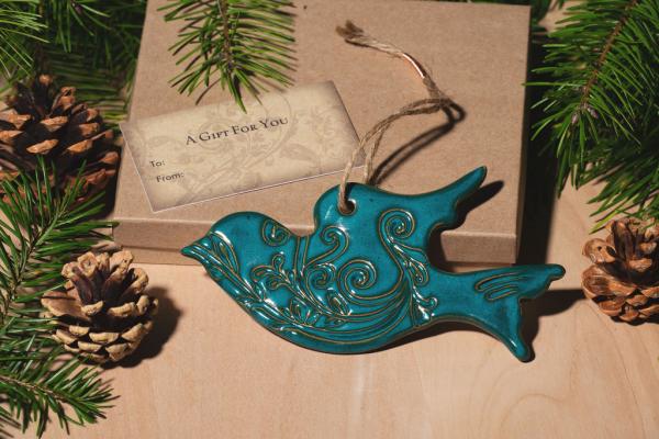 Dove Ornament with Gift Box and Gift Tag, Christmas Ornament, Pottery Ornament, Ceramic Ornament, Handcrafted Ornament picture