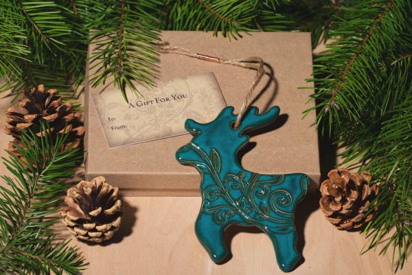 Deer Ornament with Gift Box and Gift Tag, Christmas Ornament, Pottery Ornament, Ceramic Ornament, Handcrafted Ornament picture