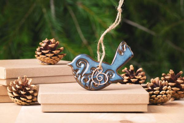 Bird Ornament with Gift Box and Gift Tag, Christmas Ornament, Pottery Ornament, Ceramic Ornament, Handcrafted Ornament picture