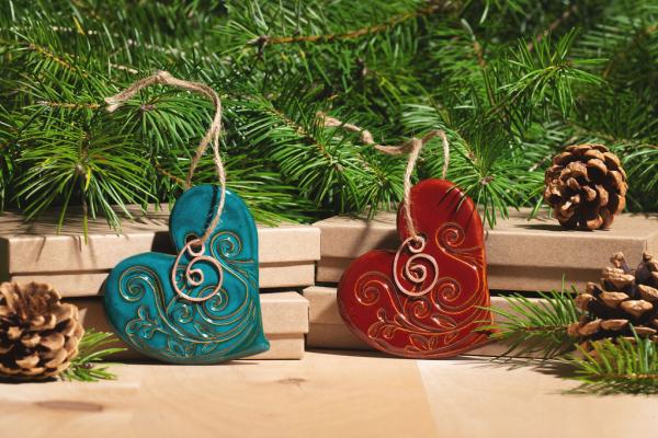 Heart Ornament with Gift Box and Gift Tag, Christmas Ornament, Pottery Ornament, Ceramic Ornament, Handcrafted Ornament picture