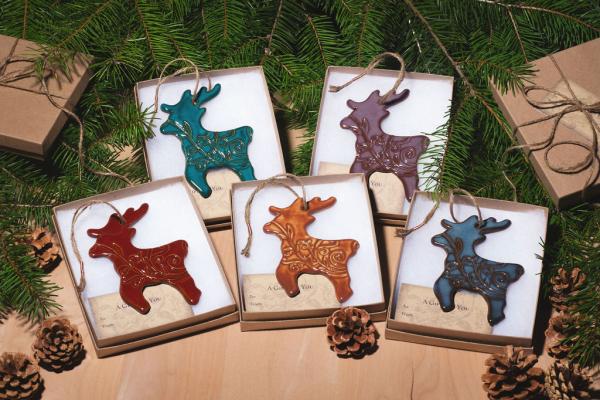 Deer Ornament with Gift Box and Gift Tag, Christmas Ornament, Pottery Ornament, Ceramic Ornament, Handcrafted Ornament picture