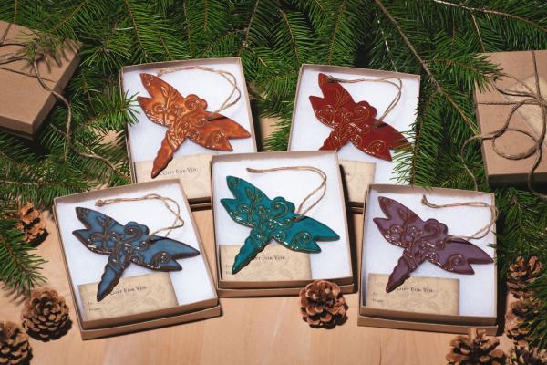 Dragonfly Ornament with Gift Box and Gift Tag, Christmas Ornament, Pottery Ornament, Ceramic Ornament, Handcrafted Ornament picture