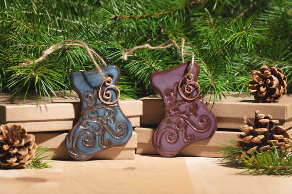 Stocking Ornament with Gift Box and Gift Tag, Christmas Ornament, Pottery Ornament, Ceramic Ornament, Handcrafted Ornament picture