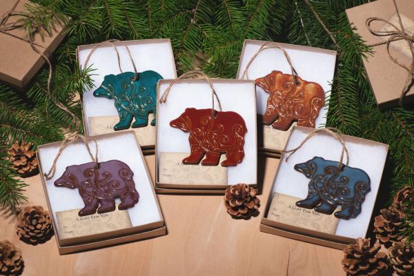 Bear Ornament with Gift Box and Gift Tag, Christmas Ornament, Pottery Ornament, Ceramic Ornament, Handcrafted Ornament picture