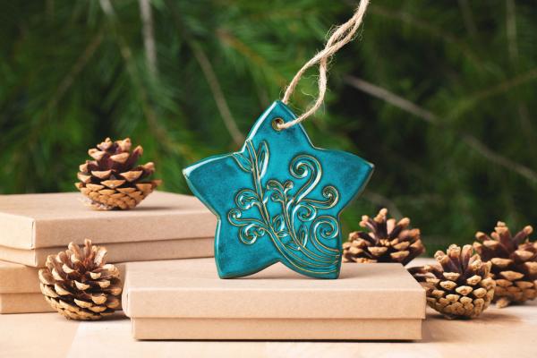 Star Ornament with Gift Box and Gift Tag, Christmas Ornament, Pottery Ornament, Ceramic Ornament, Handcrafted Ornament picture