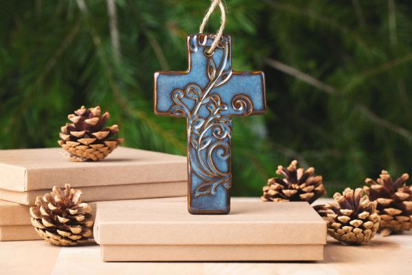 Cross Ornament with Gift Box and Gift Tag, Christmas Ornament, Pottery Ornament, Ceramic Ornament, Handcrafted Ornament picture