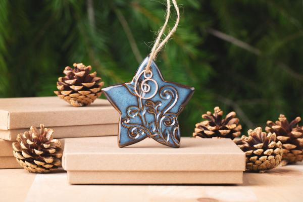 Star Ornament with Gift Box and Gift Tag, Christmas Ornament, Pottery Ornament, Ceramic Ornament, Handcrafted Ornament picture