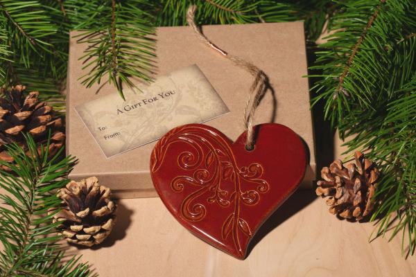 Heart Ornament with Gift Box and Gift Tag, Christmas Ornament, Pottery Ornament, Ceramic Ornament, Handcrafted Ornament picture