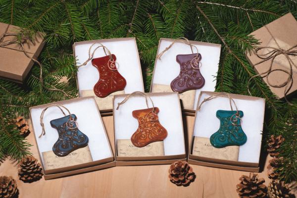 Stocking Ornament with Gift Box and Gift Tag, Christmas Ornament, Pottery Ornament, Ceramic Ornament, Handcrafted Ornament picture