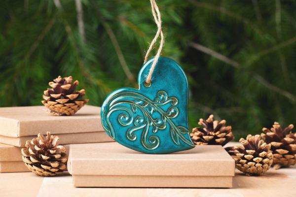 Heart Ornament with Gift Box and Gift Tag, Christmas Ornament, Pottery Ornament, Ceramic Ornament, Handcrafted Ornament picture