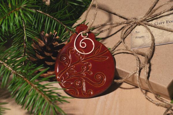 Ball Ornament with Gift Box and Gift Tag, Christmas Ornament, Pottery Ornament, Ceramic Ornament, Handcrafted Ornament picture